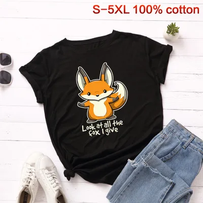 black SINGRAIN размера плюс Лисичка женская футболка S-5XL милые Мультяшные футболки Harajuku базовые Топы с надписями Повседневная летняя футболка с животным принтом - Цвет: black