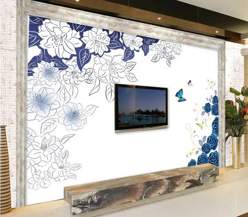 3d фото обои на заказ гостиная нетканые пион ручная роспись узор синие розы ТВ фон
