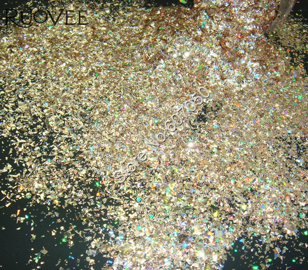 

Holographic Laser Champagne Gold Solvent Resistant Mylar Shard Glitter Shape For Nail Art Gel Makeup DIY Craft Decoration