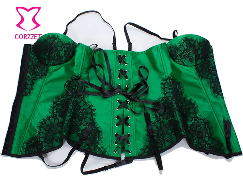 Зеленый атлас бюстье с кружевной аппликацией Underwire чашки Push Up обвалки корсет