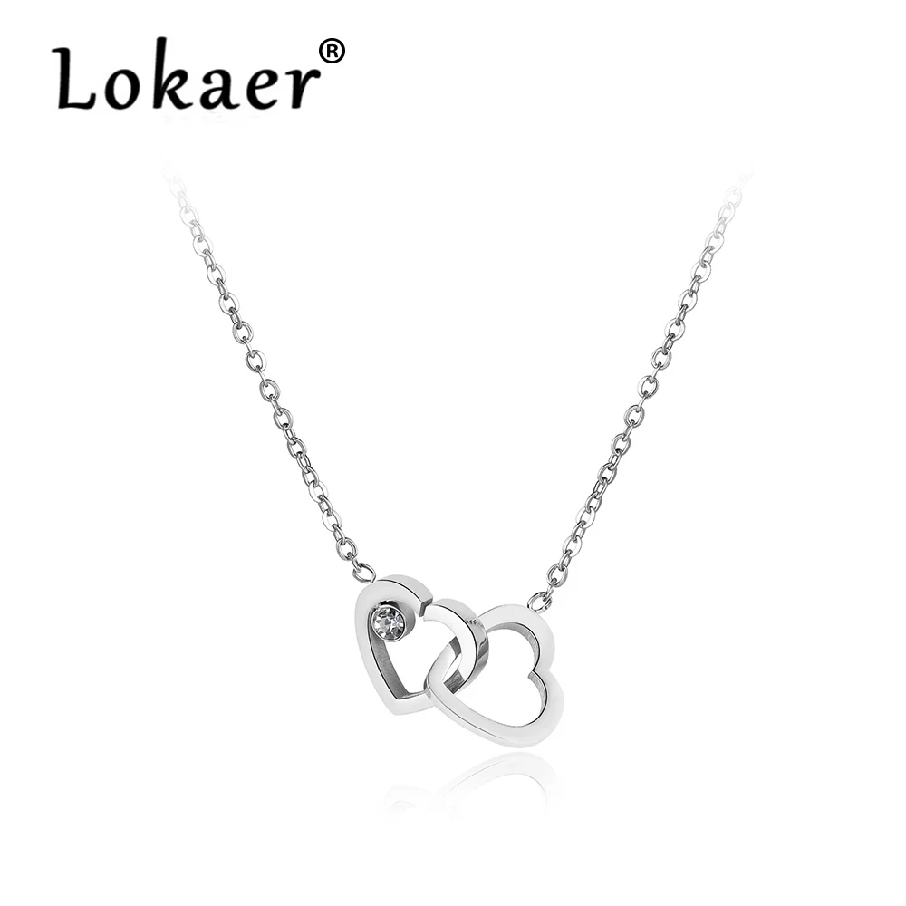 Lokaer двойной сердце, кубический циркон цепи и Соединенные ожерелья Jewelry Титан Сталь розовое золото Чокеры Цепочки и ожерелья для Для женщин N18058