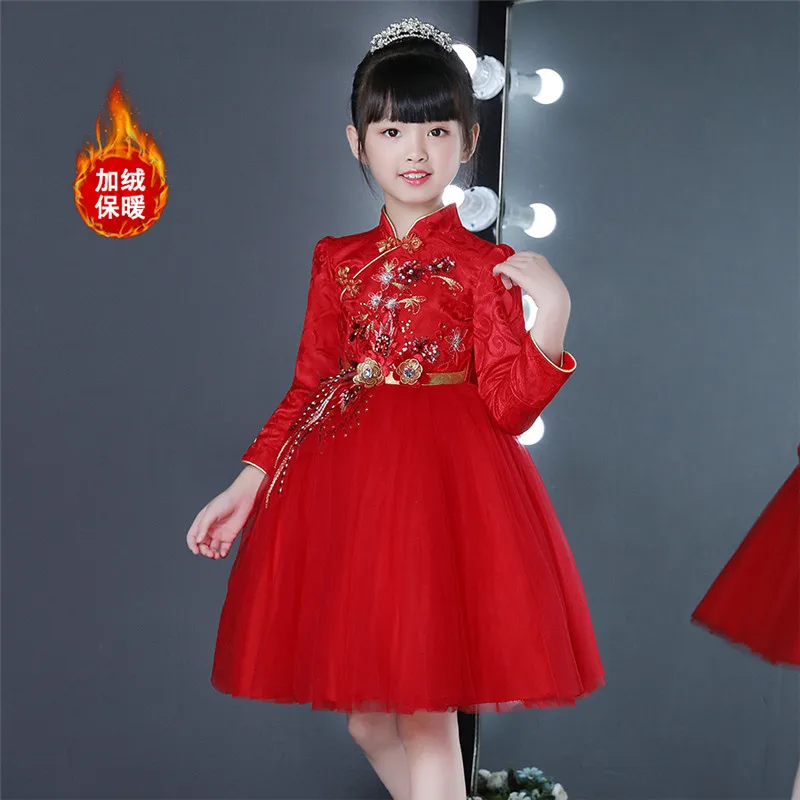 Платье для девочек зимняя одежда китайский стиль Cheongsam длинное вечернее
