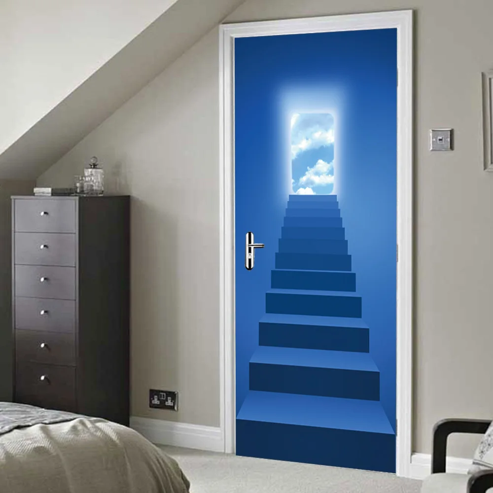 

New Door Sticker Blue Sky Iron Ladder Halo Landscape StickerDecorative Pvc Wall Stickers Bedroom Living Room Door Home Decor