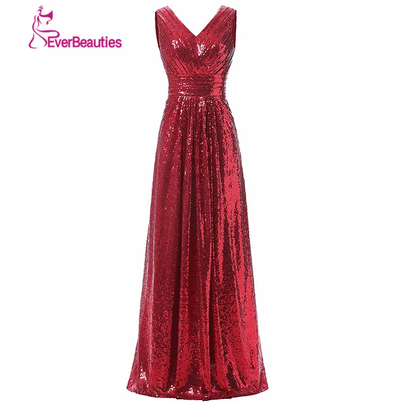 Розовое золото блестящие платья для подружек невесты длинные блестки v образный