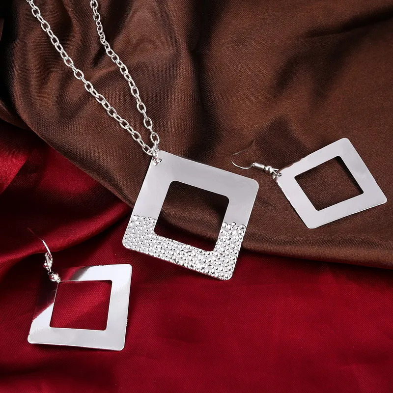 Delicate Silver Color Jewelry Set Square Pendant Long Chain Necklace +Drop Earring Fashion Wedding | Украшения и аксессуары
