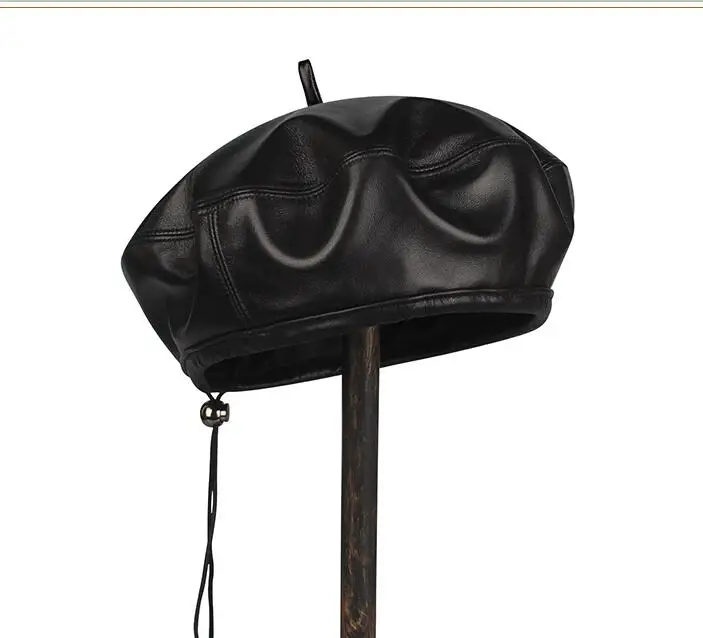 

High Quality Genuine Leather Sheepskin Leather Berets For Men Duckbill Winter Hat For Male Warm Hat Solid Black Russian Hat