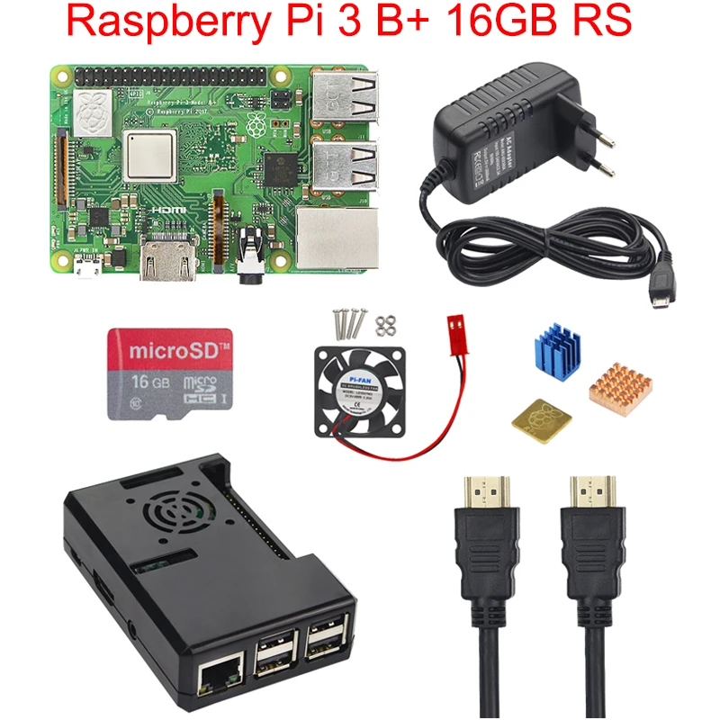 Raspberry Pi 3 Model B+ набор аксессуаров акриловый чехол+ sd-карта 16G+ адаптер питания+ вентилятор+ радиатор для Raspberry Pi 3 Model B