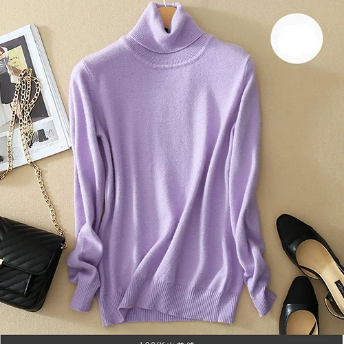 Light Purple Женский свитер, тонкий зимний кашемировый свитер с высоким воротом, Женские базовые кашемировые свитера для женщин, вязаные свитера и пуловеры - Color: Light Purple