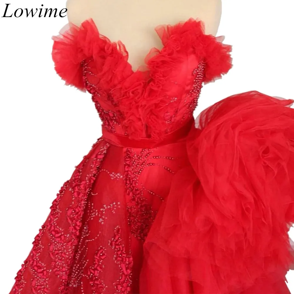 

New Plus Size Red Muslim Celebrity Dresses 2019 Strapless Pearls Evening Dress Asymmetrical Prom Party Red Carpet Gowns Vestidos