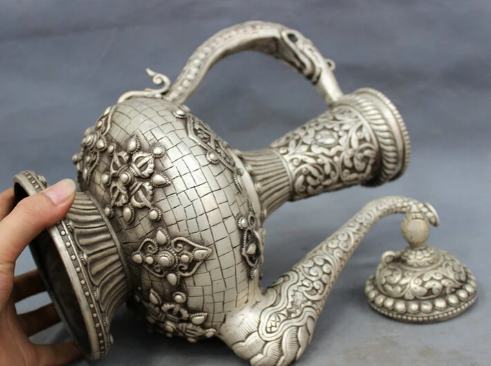USPS в США S1501 14 дюймов тибетское серебро буддизм Dragon Head Будда Шакьямуни Wine Pot|usp| |