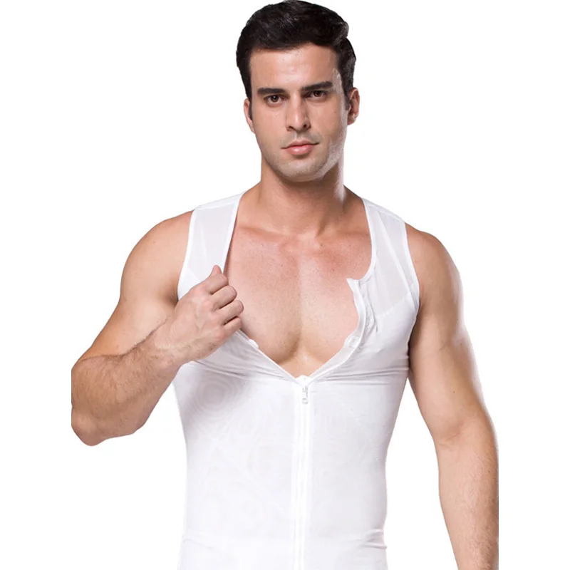 

Front Zipper Vest Body Slimming Belt Bodysuit Shapewear Black White Waist Control Tops Tummy Trimmer T Shirt Men Shaper