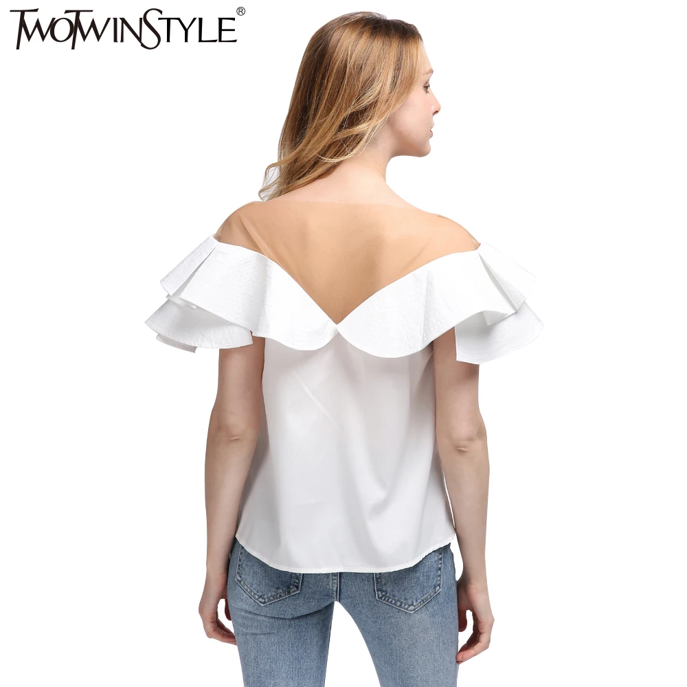 Twotwinstyle Лето 2017 г. Для женщин оборками Рубашка с короткими рукавами Топы