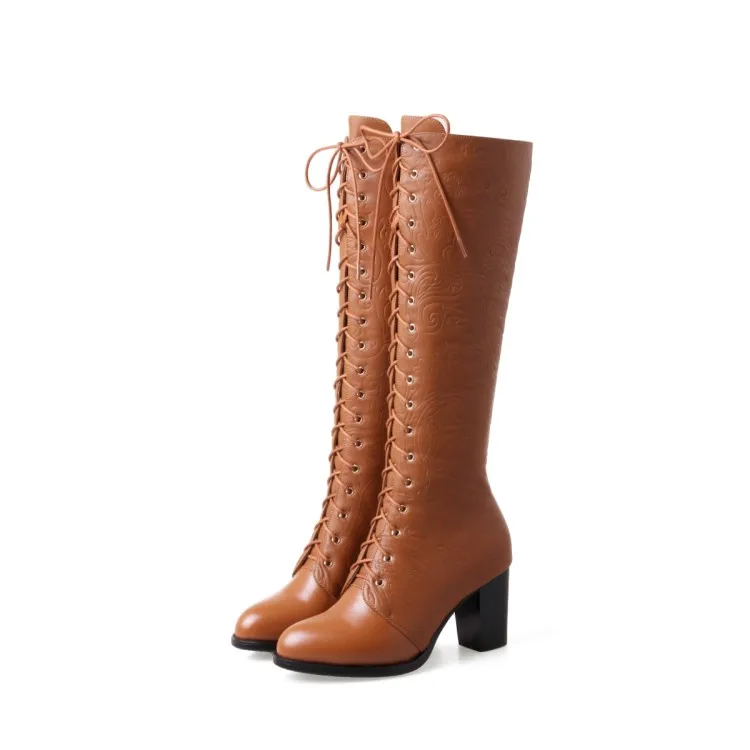 

MLJUESE 2019 women knee-high boots cow leather Paisley lace up winter short plush high heels round toe boots high boots