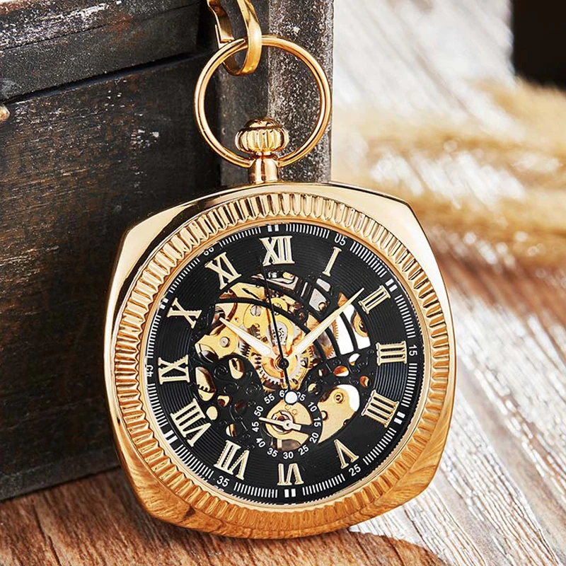 Luxury Gold Black Mechanical Pocket Watch Men Women Clock Luxury Square Dial Skeleton FOB Chain Watches for Dropship Collection aesop men s mechanical watches tourbillon watch male skeleton wrist watches for men man luxury clock luxury black dropshipping