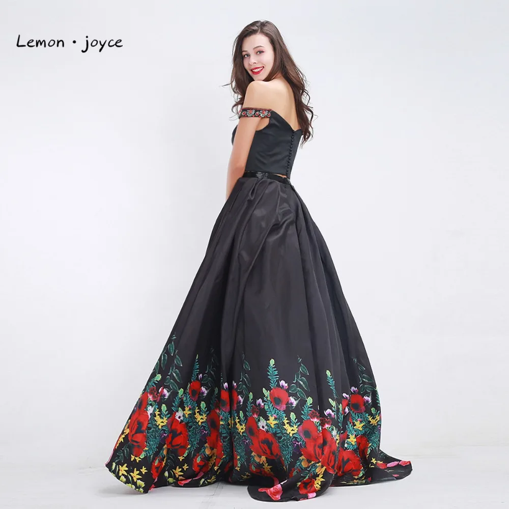 Черные Выпускные Платья с цветочным принтом 2020 из двух частей вырезом лодочкой и