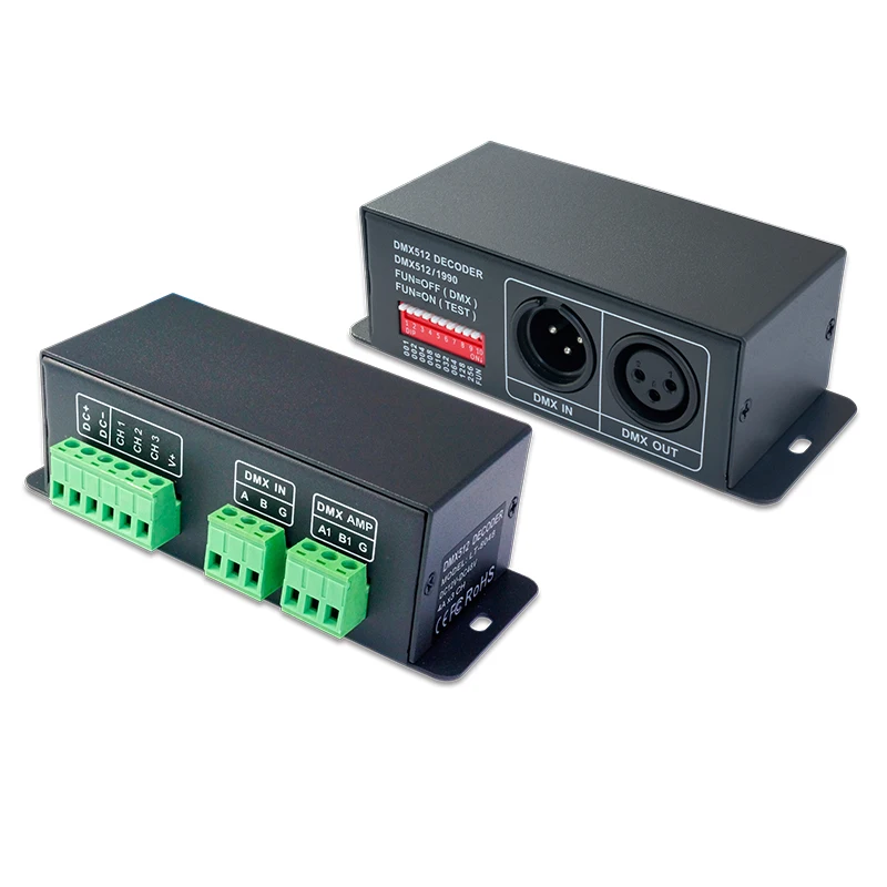 Новый светодиодный DMX декодер DC12V-48V Вход 4A * 3CH Max 12A XLR-3 Зеленый терминал 0-100%