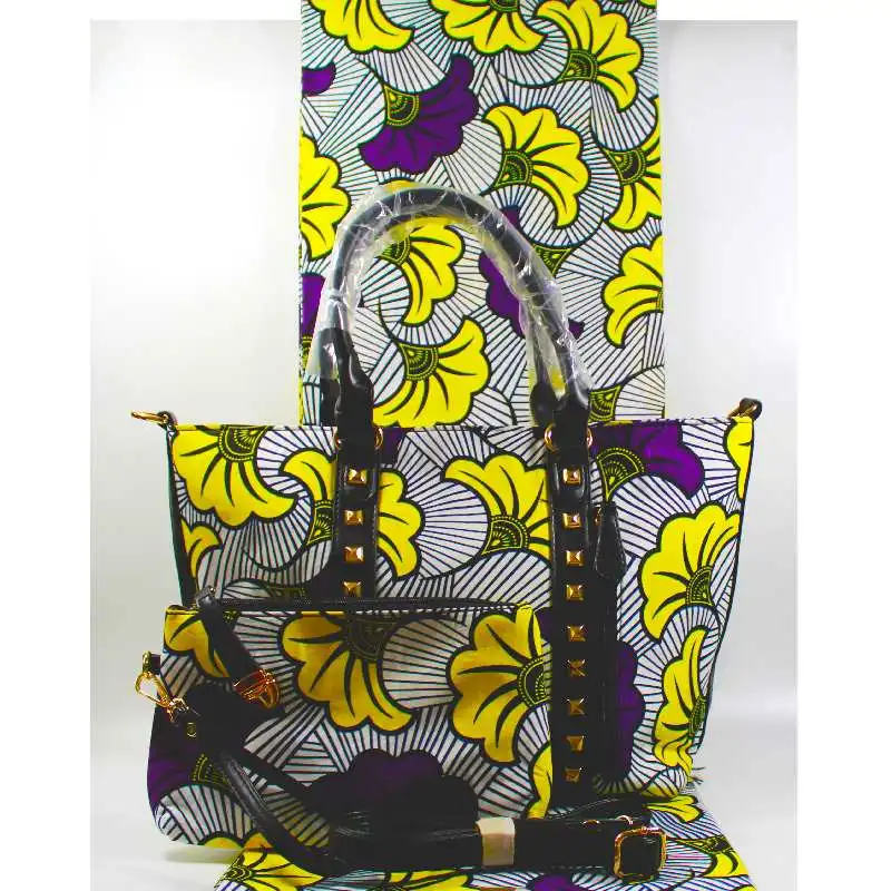 

2019 new fashion designer 6yards real wax fabric circle white pattern matching ankara bag sets veritable wax style