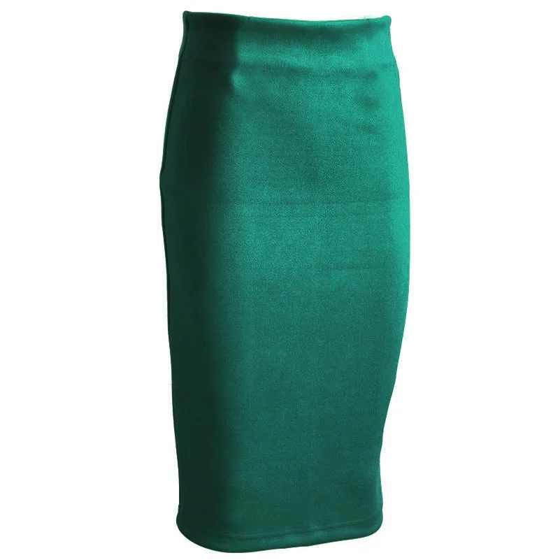 Green Peacock Super Deals Fashion Women Suede Solid Color Pencil Skirt Female Spring Autumn Basic High Waist Bodycon Split Knee Length Skirts - Цвет: Green Peacock