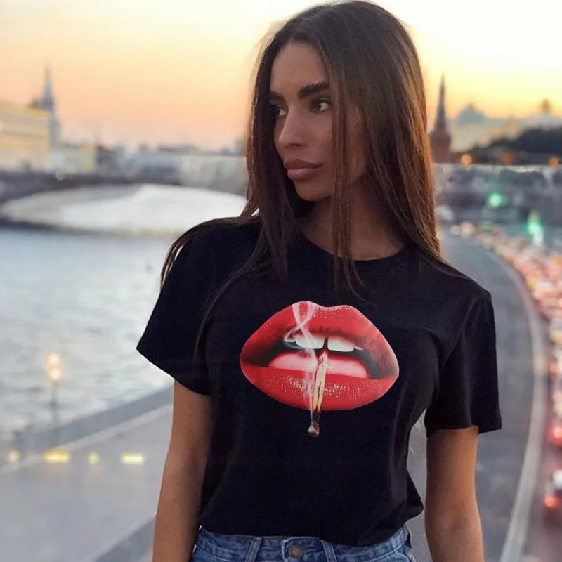 Jo Kalin красные футболки с изображением губ для женщин 2019 летняя новая модная