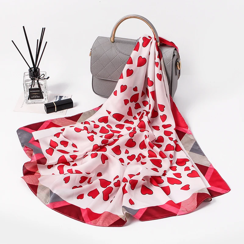 Премиум Шелковый шарф с принтом сердца квадратная форма повязка для волос