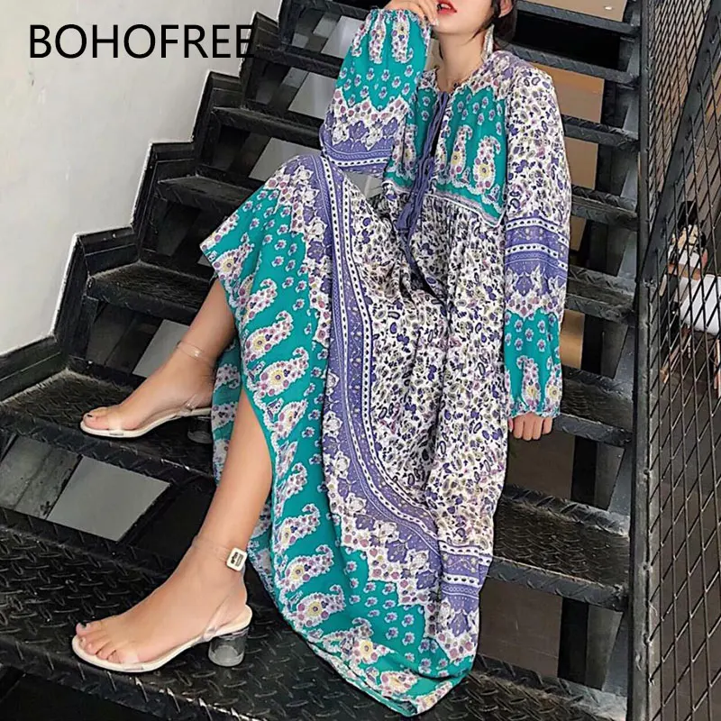 BOHOFREE длинное платье с цветочным принтом Mujer Boho Chic Макси хиппи Vestidos Femme хлопковое