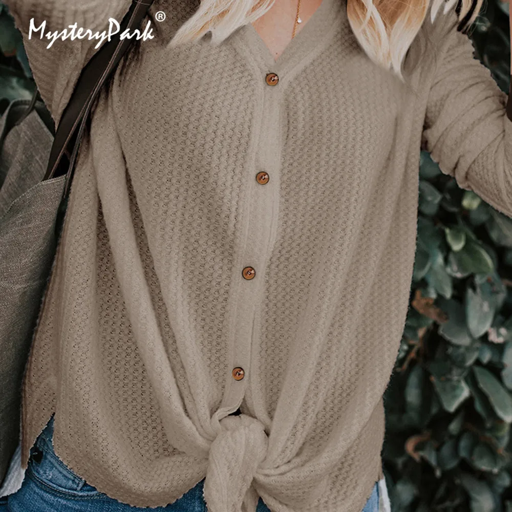 MysteryPark Women Casual Long Sleeve V Neck Thin T Shirt Top Spring New Open Stitch Cardigan Ladies Femme Outwear Button T-shirt | Женская