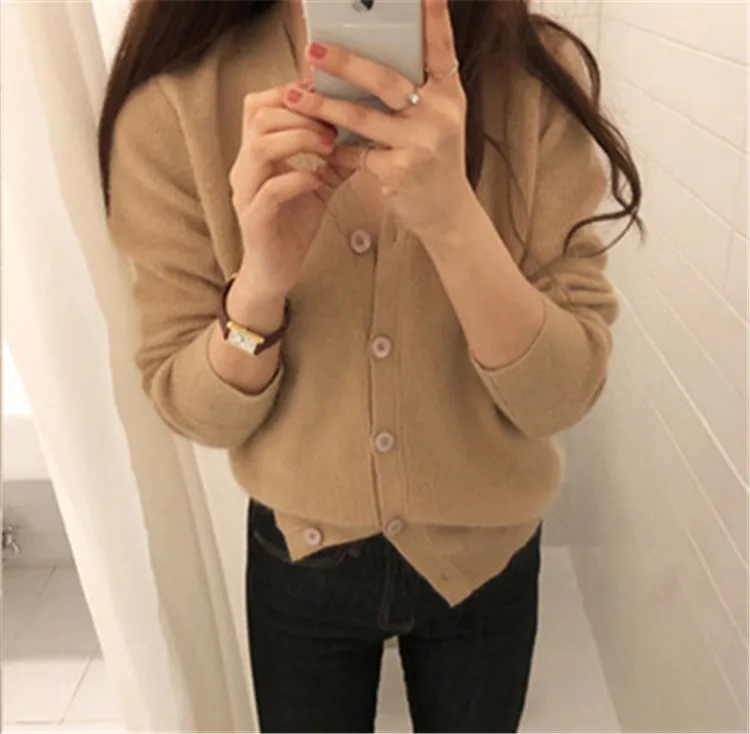 Кашемировый вязаный женский корейский стиль Vneck Тонкий однобортный Кардиган свитер сплошной цвет S-2XL