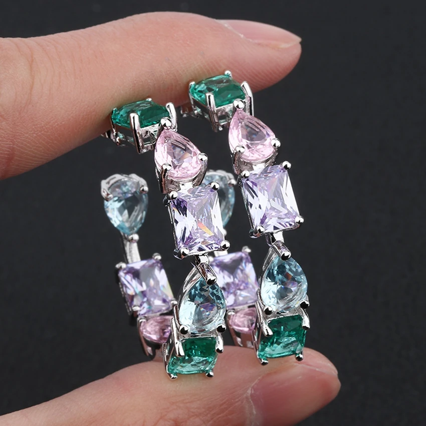 Великолепный Большой мульти-Цвет кубического циркония CZ серьги-кольца для