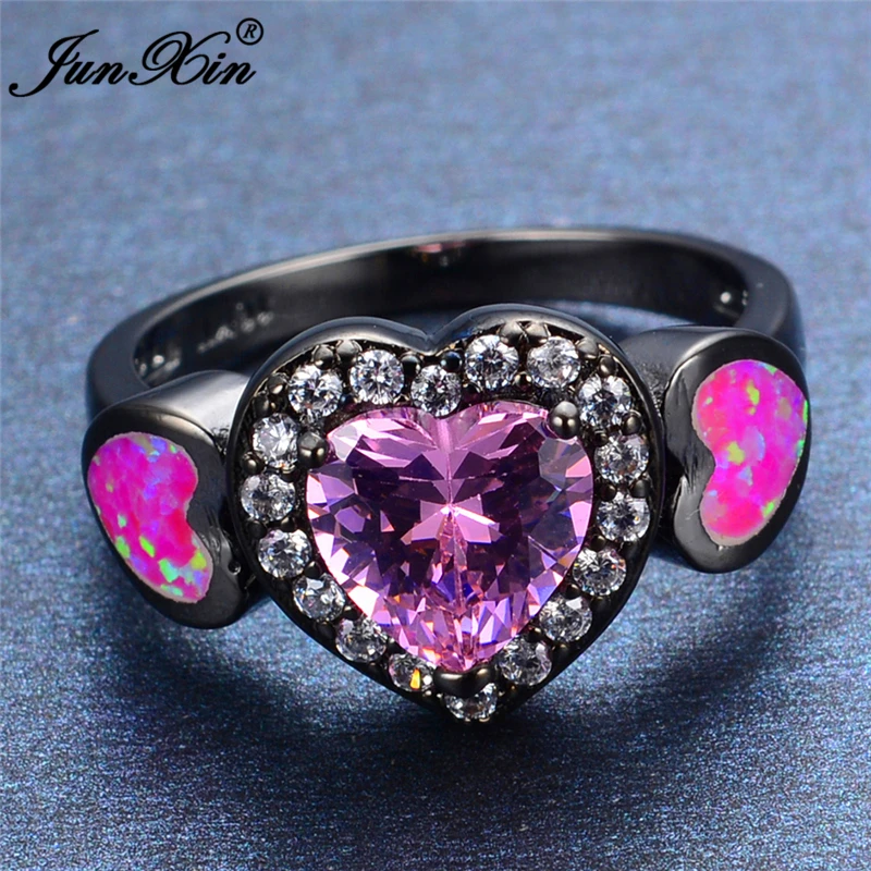 

JUNXIN Female Pink Opal Heart Ring Black Gold Filled Women Wedding Jewelry Promise Rings For Couple RB0537