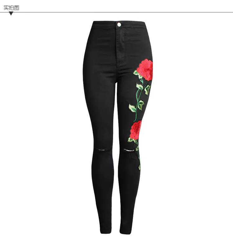 

2021 New Arrival Women Slim 3D Embroidery Jeans Skinny Vintage Flowers Female Stretch Denim Pants Hole Full Length Trousers K15