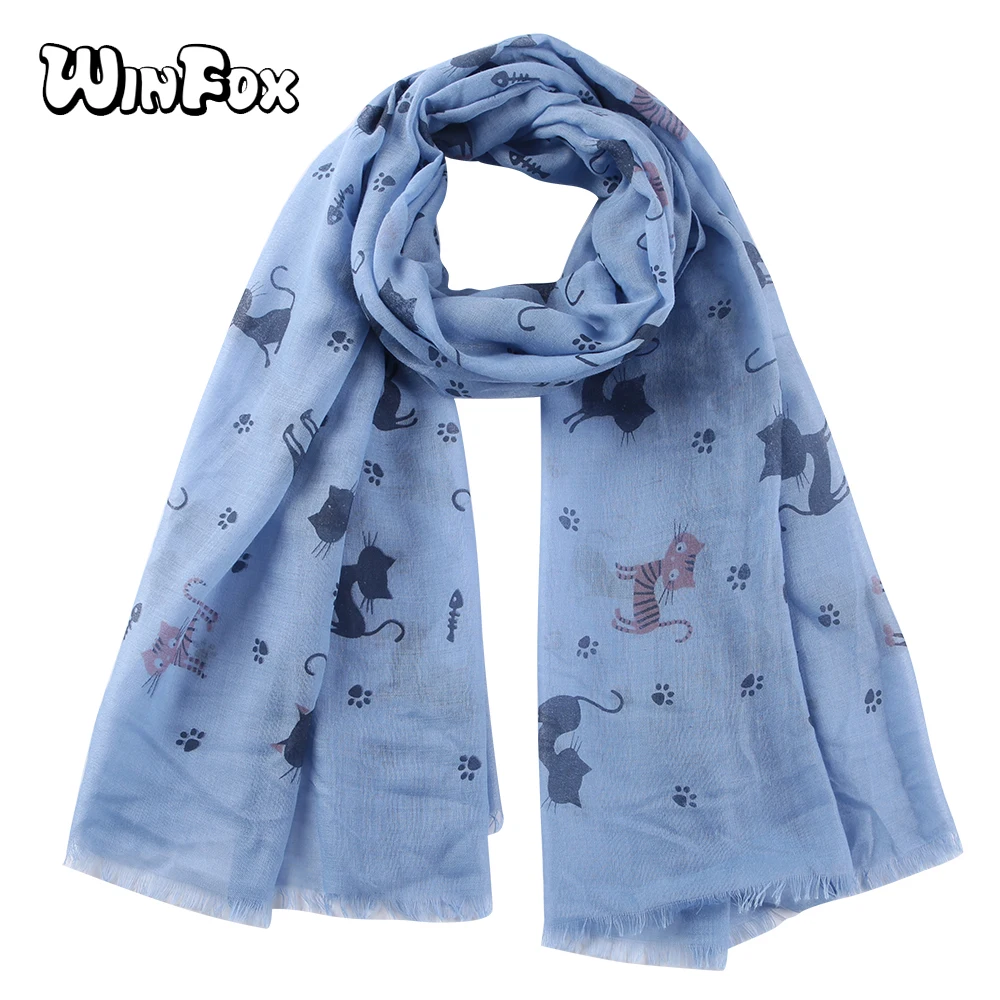 Winfox Kawaii Cat Paw Fish Шарф серый розовый женский с животным принтом мягкие длинные