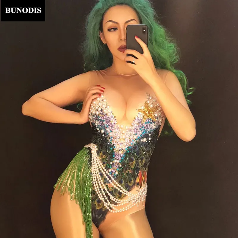 ZD323 Women Sexy Colorful Series Bodysuit 3D Printed Jumpsuit Sparkling Crystals Pearl Nightclub Party Dancer Singer Stage Wear