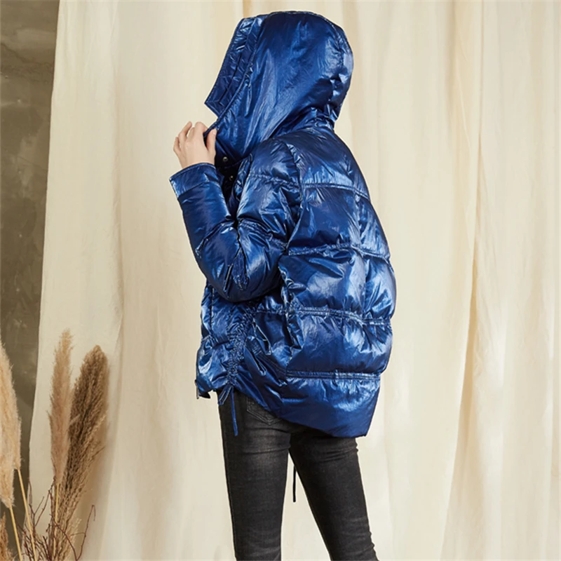 2018 Зима Высокое качество Новый Серебряный Яркий пуховик женская короткая куртка