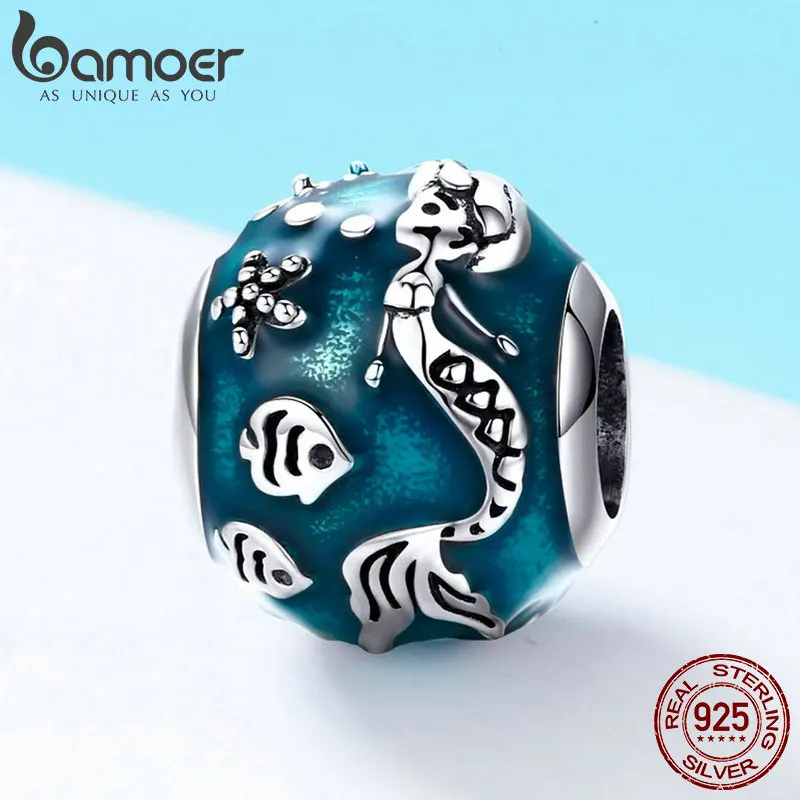 BAMOER, 925 пробы, серебро, Русалка, отсутствует, эмалированная рыба, океан, шарм, бусины, подходит для браслета, браслеты, изготовление ювелирных изделий SCC819