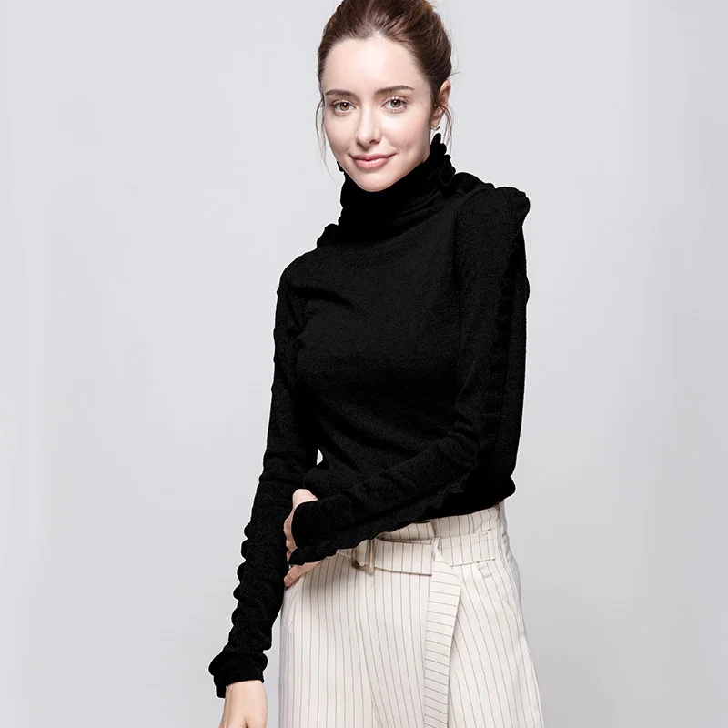 SuyaDream Women Wool Pullover 100%Cashmere Turtleneck Sweater For Ruffles Long Sleeve 2022 Fall Winter Sweaters | Женская одежда