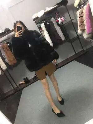 black Женское короткое меховое зимнее пальто из искусственного меха размера плюс, стоячий воротник, длинный рукав, шуба из искусственного лисьего меха, весенние модные вечерние пальто - Цвет: black