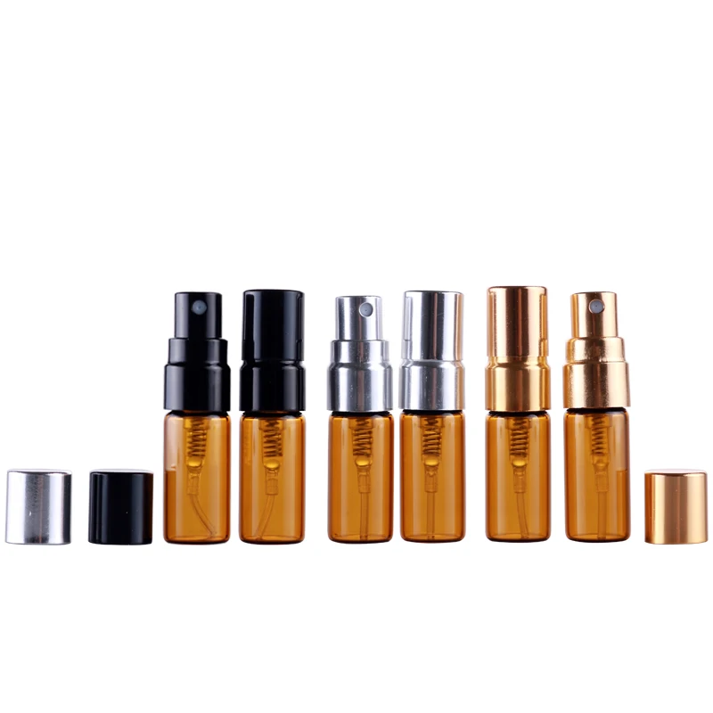 100 шт./лот пустой мини парфюм из янтарного стекла 3 мл с алюминиевым распылителем и