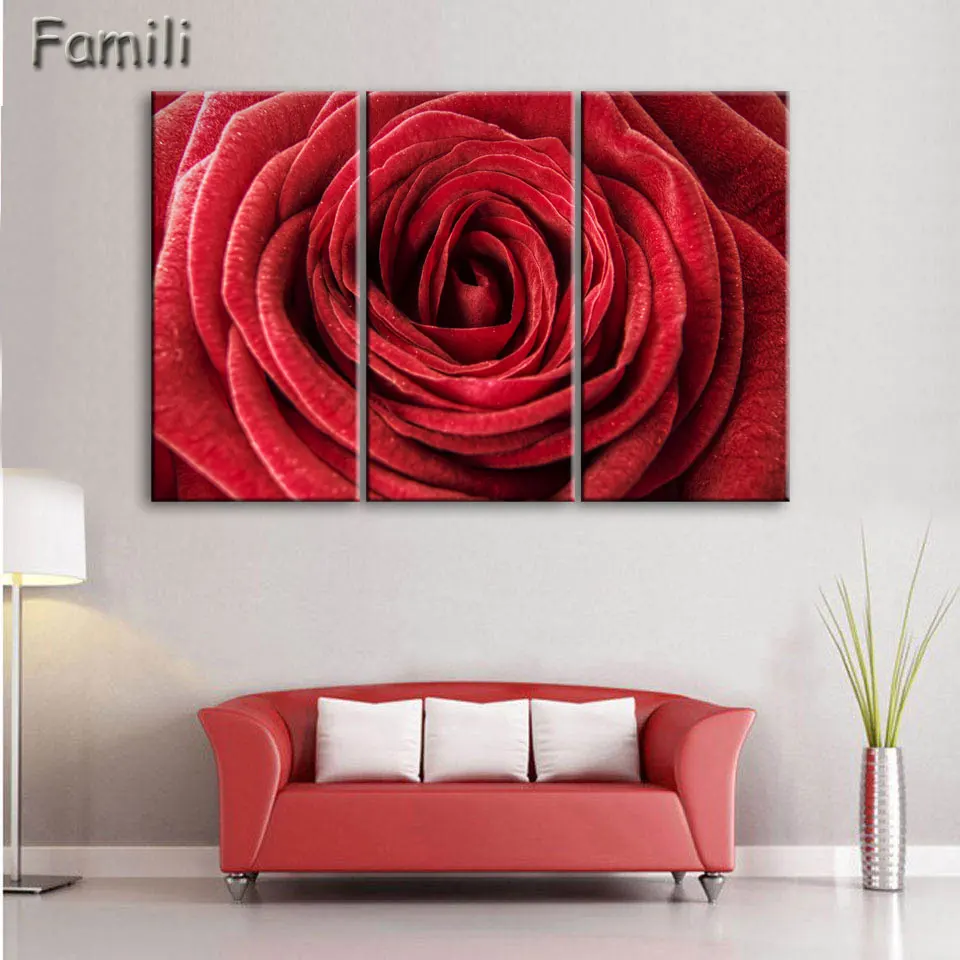 Красная роза холст живопись 3 шт. Настенная картина для украшения стен печать