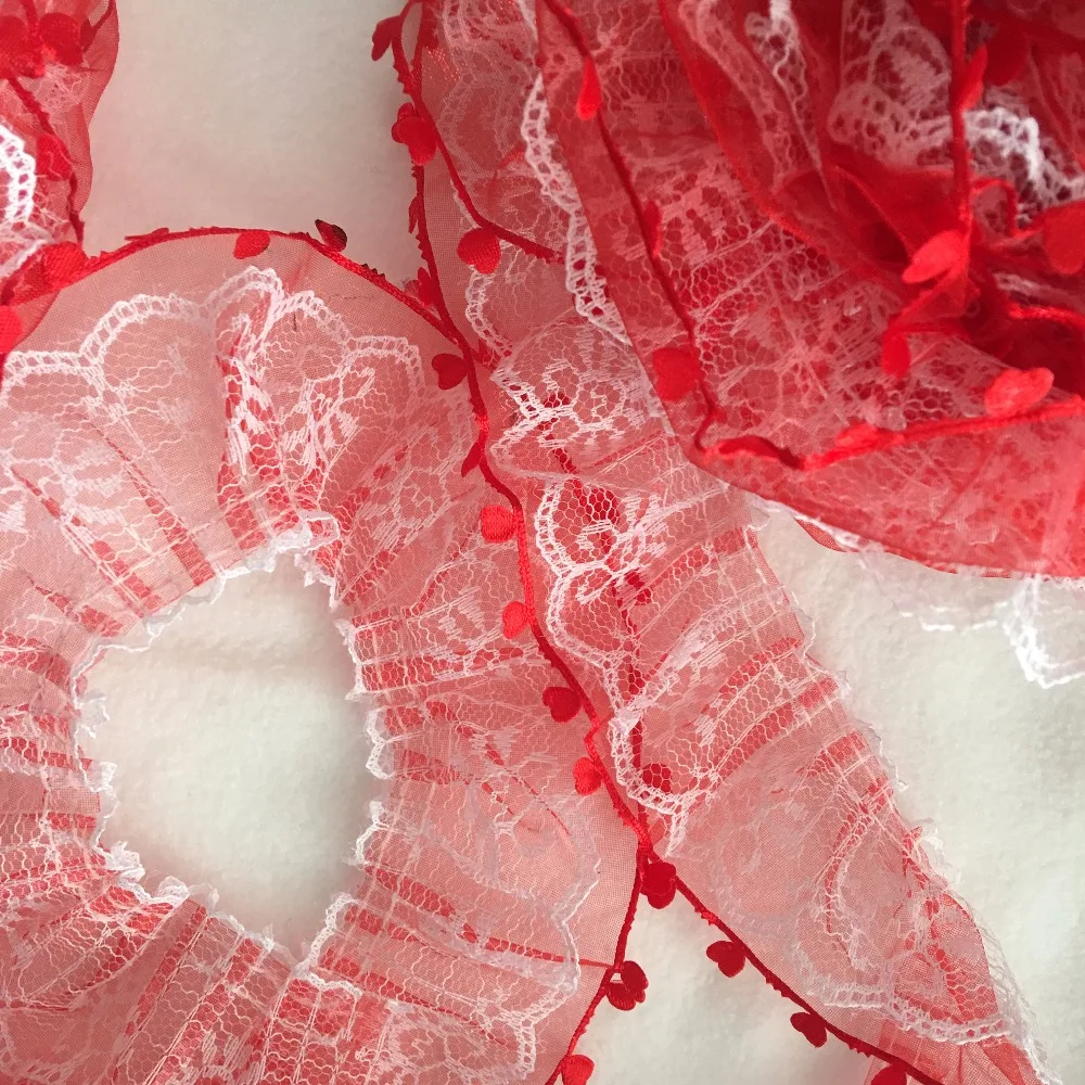 5 Yards 4cm Wide Red Organz and white Lace Pleated Gathered Trim DIY Craft RedTrim T04 | Дом и сад