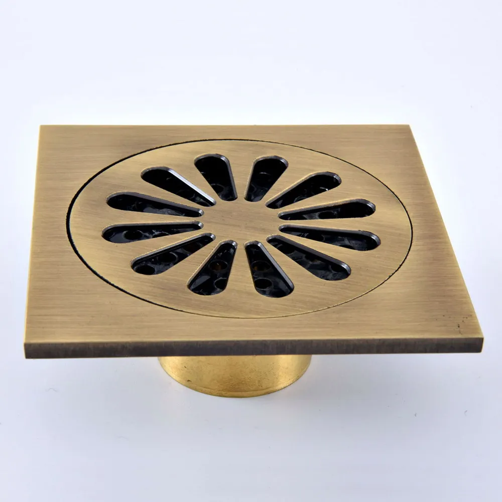 

Antique Brass Vintage Carved Flower Pattern Bathroom Shower Drain 4" Square Floor Drain Waste Grates Bathroom Accessory mhr076