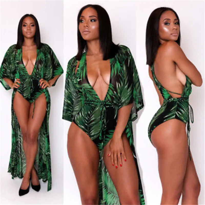2017 Женский купальник + накидка пляжный кардиган с зелеными линиями вырезом