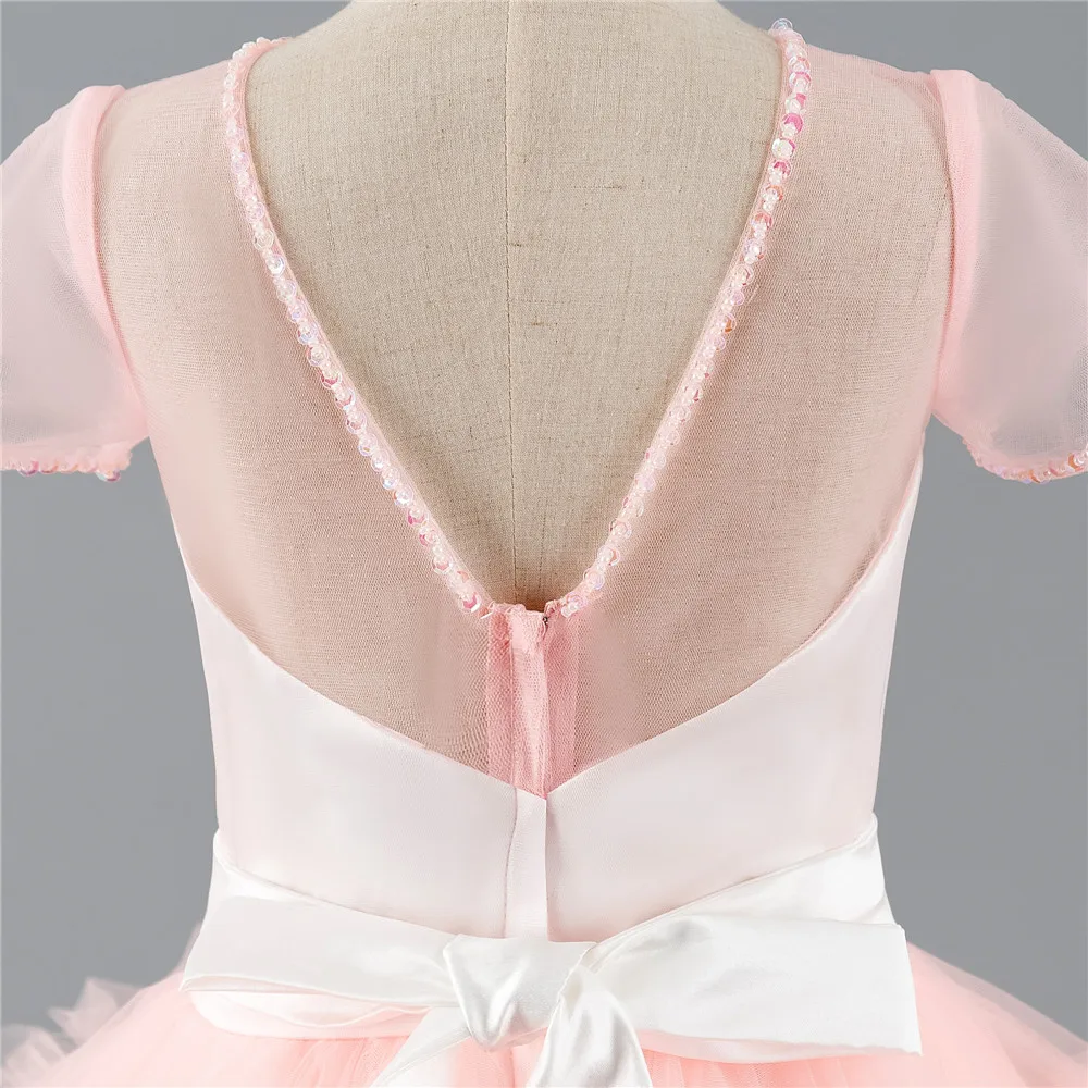 

Pink Flower Girl Dresses For Weddings Ball Gown Cap Sleeves Tulle Ruffles Crystals Long First Communion Dresses Little Girl