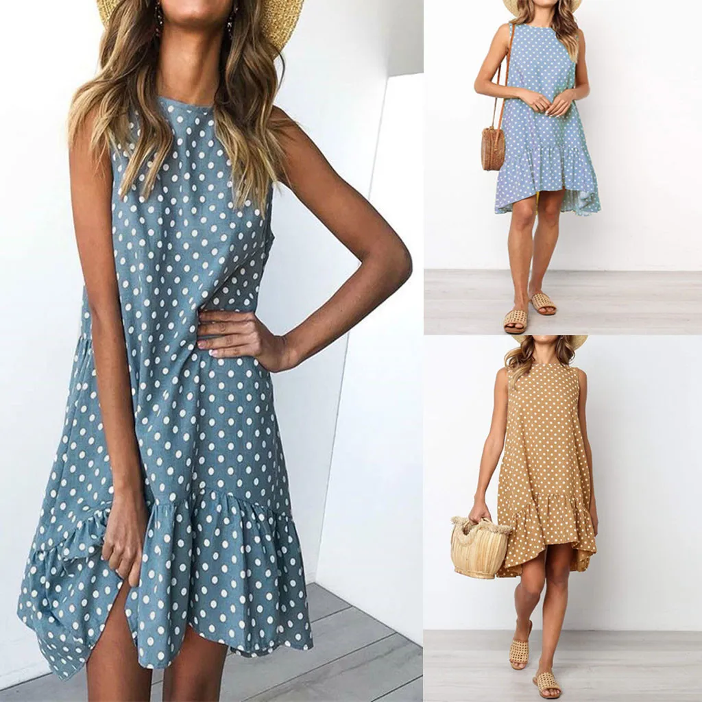 SAGACE Women Dresses Dot 2019 Fashion O Neck Sleeveless Ruffles Polka Loose Large Ruffled Mini Dress female Vestidos | Женская одежда