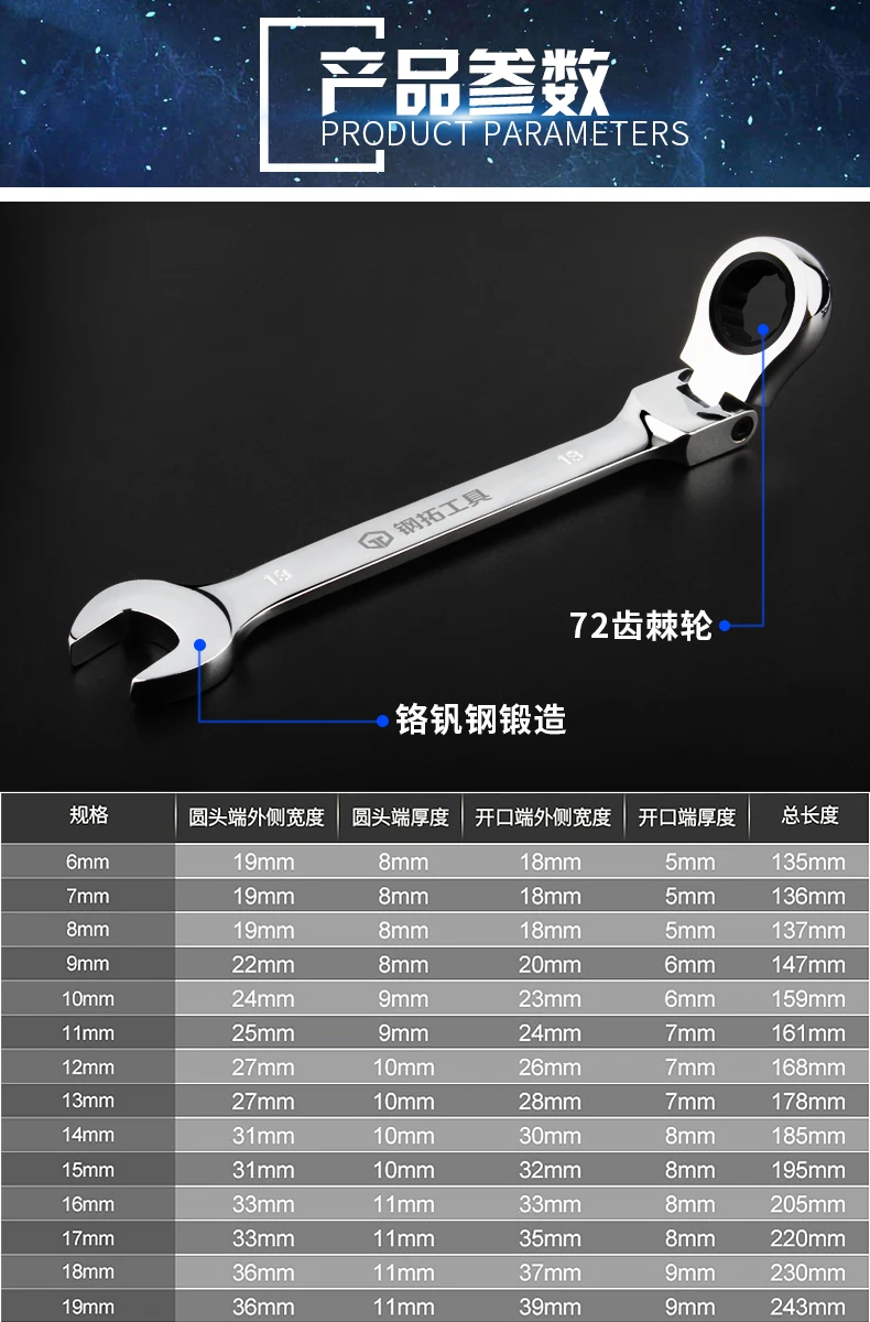 

1pc 6-24mm Adjustable ratchet wrench fast wrench double-end high-carbon steel spanner tool for vehicle maintenance and repair