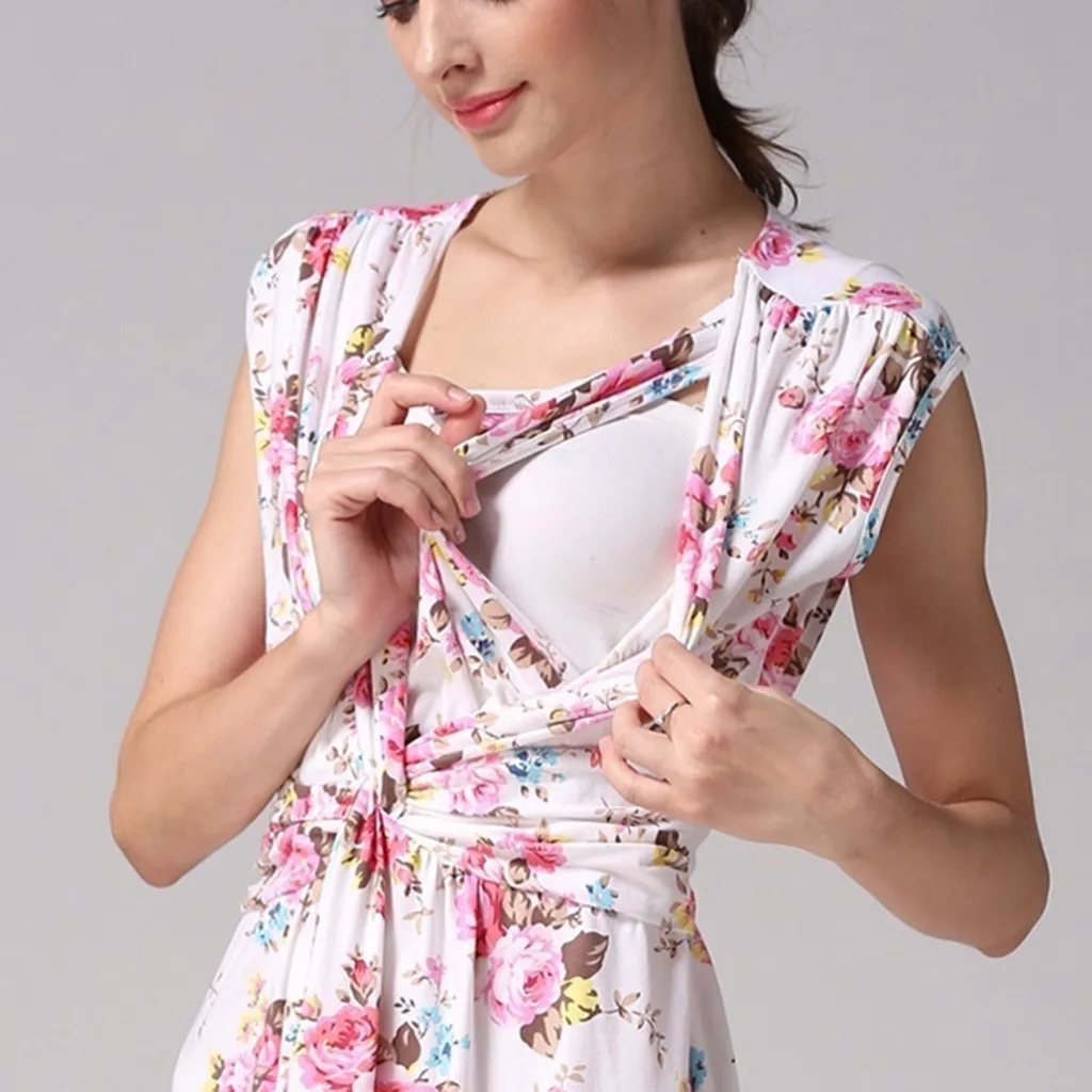 

LONSANT Pregnancy Dresses Sleeveless Floral Print Breastfeeding Sundress Nursing Maternity Women Summer Skirt Mother Clothes New