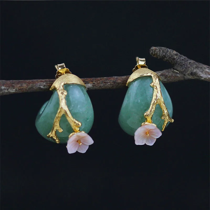 Green Gold Color Lotus Fun реальные стерлингового серебра 925 натуральный розовый кристалл ручной работы Fine Jewelry цветка сливы серьги для женщин - Цвет камня: Green Gold Color