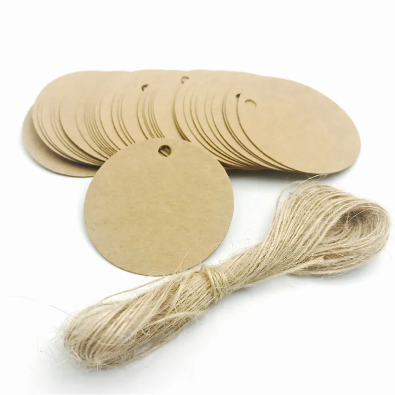 brown with 10m rope 100 шт./лот, белые, черные, коричневые бирки из крафт-бумаги, круглые багажные банкноты, свадебные открытки, пустые бумажные бирки для подарков 5*5 см - Цвет: brown with 10m rope