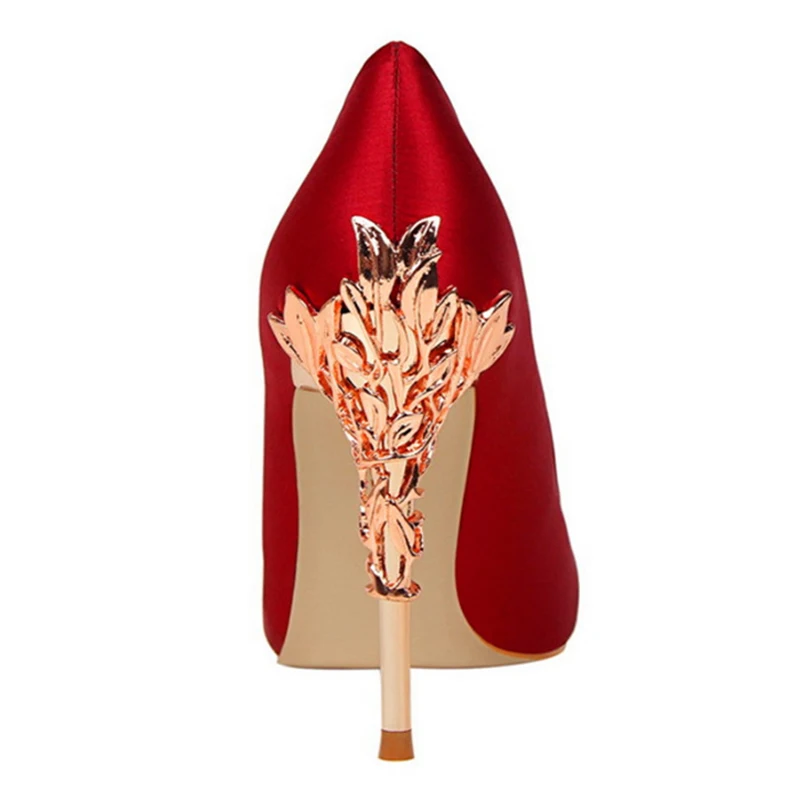 High Heel Shoes Woman Elegant Metal Carved Heels For Women Pumps Soild Silk Pointed Toe Shallow Women's Wedding | Обувь