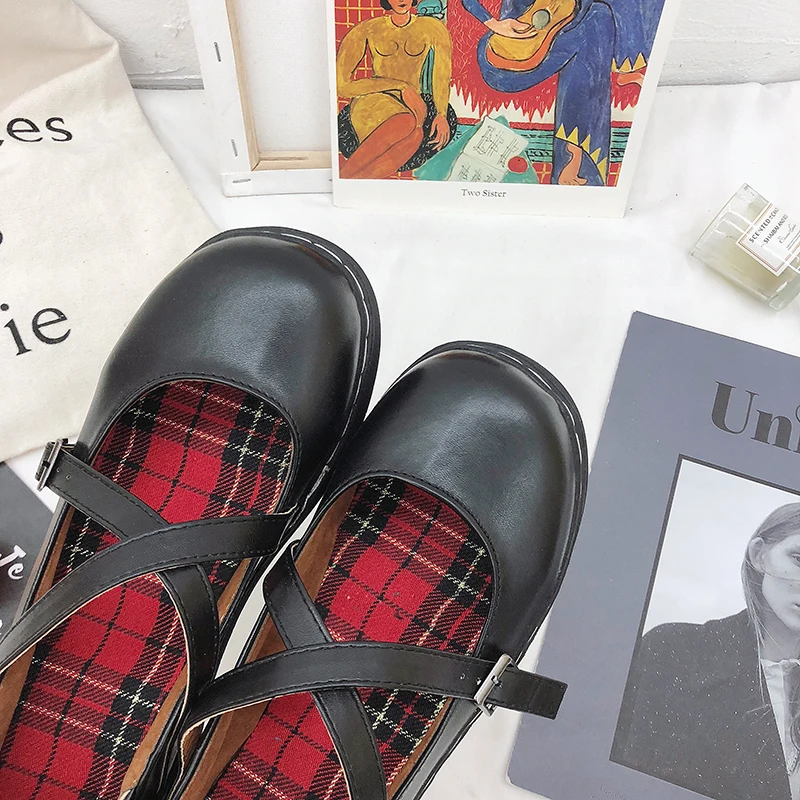 

Lolita Japan Style Women Leather Shoes Harajuku Plaid Cloth Insole Cross Buckle Strap Oxfords Woman Round Toe Platform Creepers