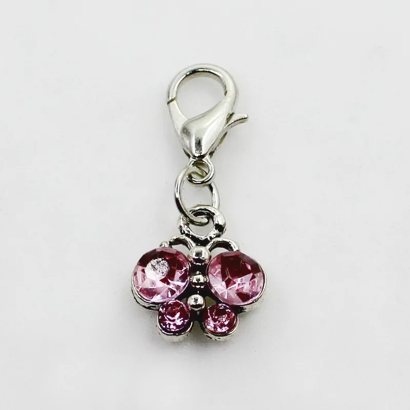 New Crystal Pink Butterfly 20pcs/lot Animals Dangle Charms Lobster Clasp DIY Jewelry Accessory Hanging for Bracelets | Украшения и